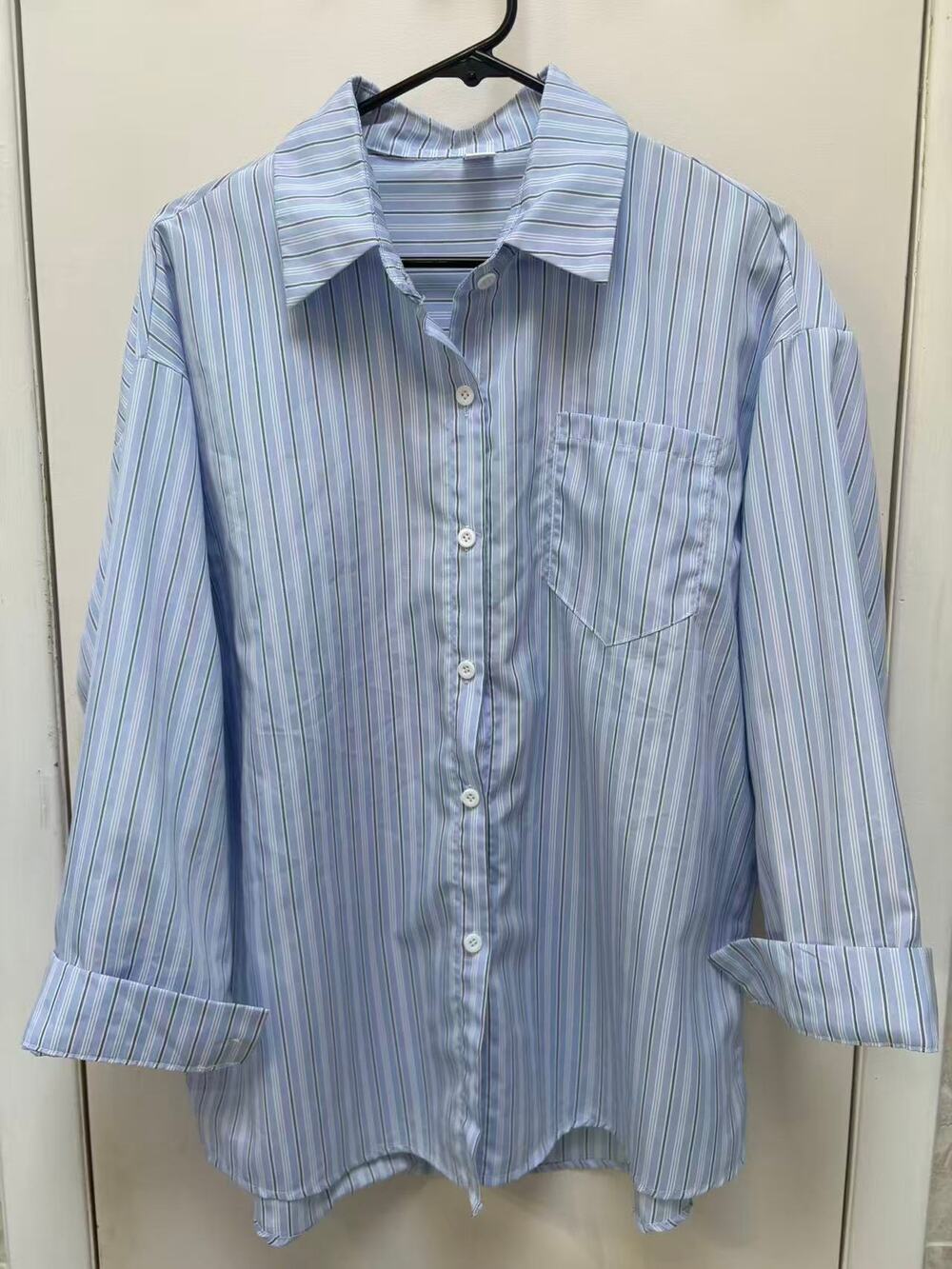 Womens Light Blue Vertical Striped Button Down Shirt Long Sleeve Blouse Size 2XL